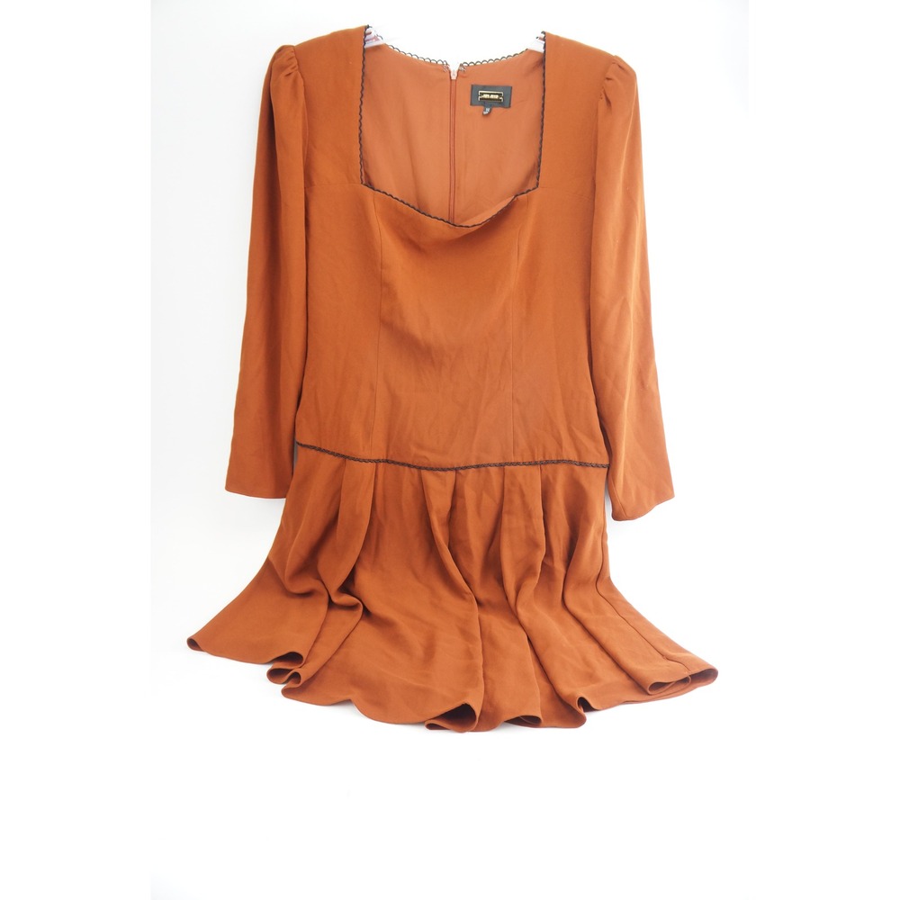 Alexia Admor Pleated Dress Womens 14 Orange Long Sleeve Ric Rac Trim Square Neck